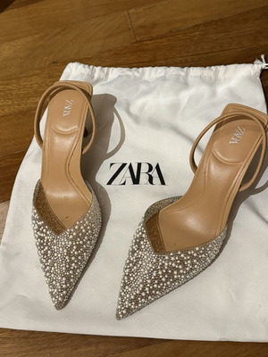 Zara pearl and rhinestone slingback pumps, size 38, nude camel