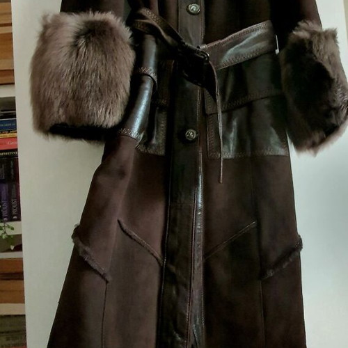 Long mouton coat made of genuine leather and natural fur new, brown, size S
