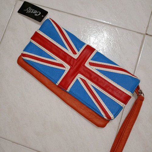 Leather London clutch bag new, handheld, blue and orange