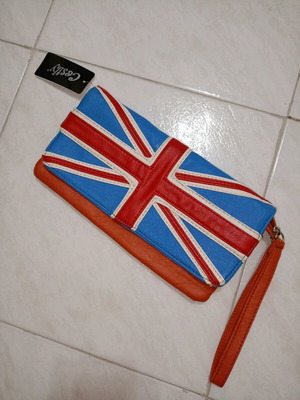 Leather London clutch bag new, handheld, blue and orange