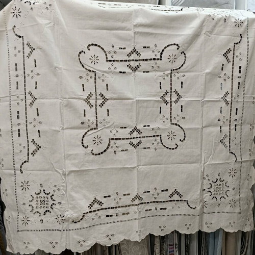 Linen cutwork tablecloth set beige handmade, new