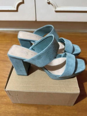 Zara suede women's sandals mules with platform, like new, turquoise