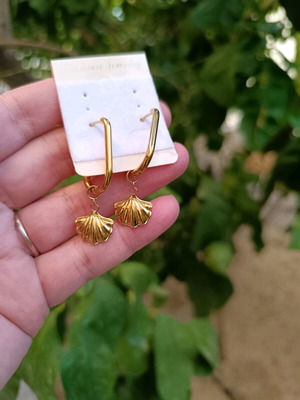 18K Gold Plated Stainless Steel Oval Hoop Earrings with Shell Charm