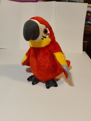 Interactive plush parrot toy, red and yellow