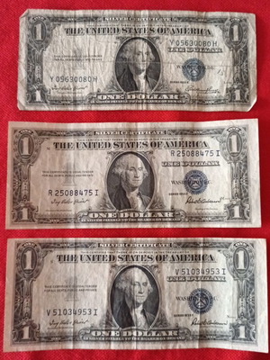 Silver Certificates 1 δολαρίου 1935E μεταχειρισμένα, σετ 3