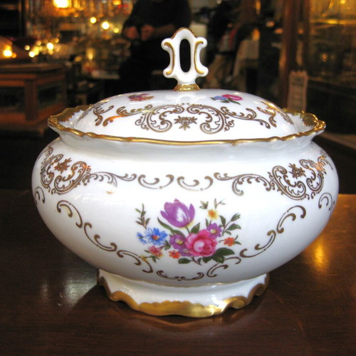 Porcelain fondue pot used, old German with decoration