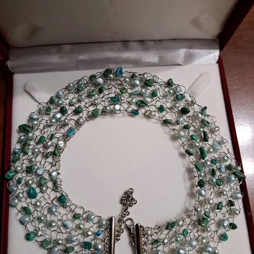 Handmade necklace and bracelet set used, silver with freshwater pearls and turquoise