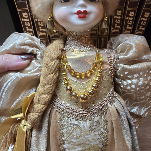 Russian handmade glass doll like new, golden with glass feet