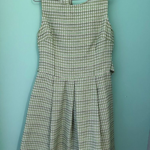 BO2 sleeveless A-line dress with green geometric brocade pattern