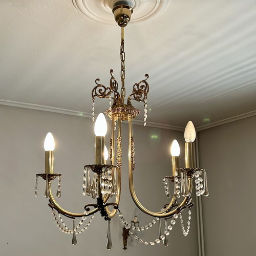 Five-Light Bronze Chandelier with Crystal Prisms like new