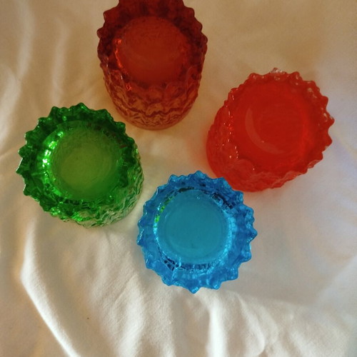 Vintage colored glasses used, set of 4 with embossed texture