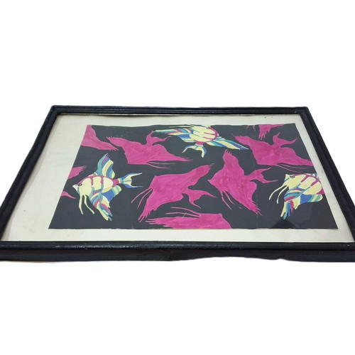 Original watercolor painting used, decorative fish, 42×32 cm framed