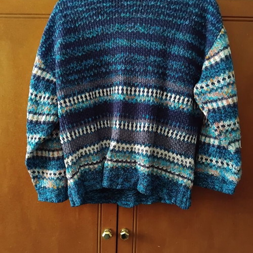 Knitted turtleneck sweater used, blue with multicolor pattern, size L
