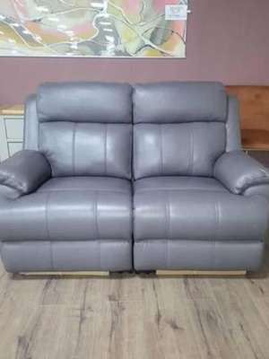 Leather two-seater sofa with manual reclining mechanism, new, gray-lilac