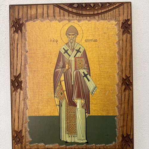 Vintage Byzantine Icon Saint Spyridon on Hand-Carved Wood like new