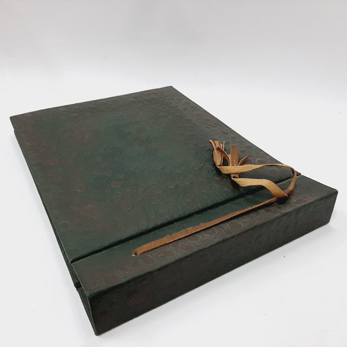 Vintage photo album 60s green embossed cloth with leather tie, 25 leaves