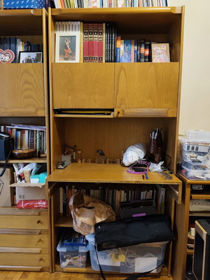 Office and bookcase set used, solid wood, brown-honey finish