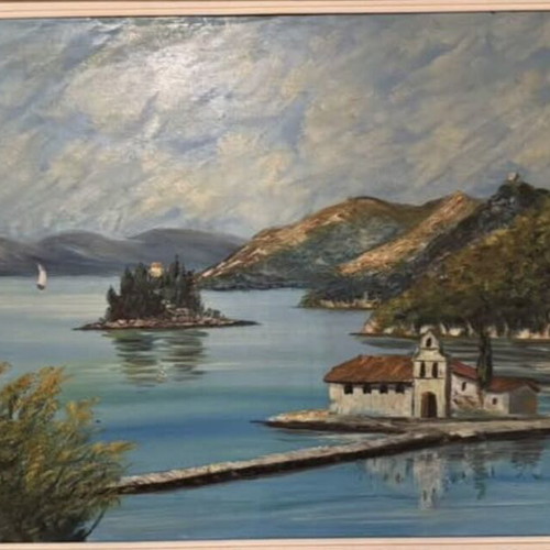 Oil painting new with seaside landscape and small building on islet