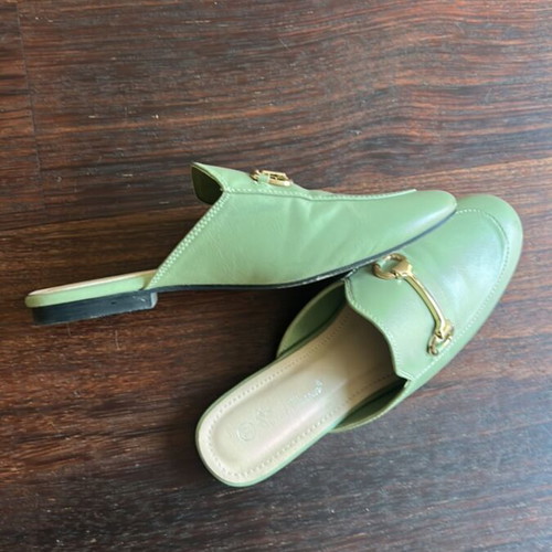 Backless loafers green pistachio moccasins size 37 used, gold horsebit