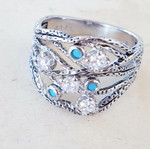 925 Silver Solid Ring Vintage 70ies with Turquoise and Cubic Zircon Like New