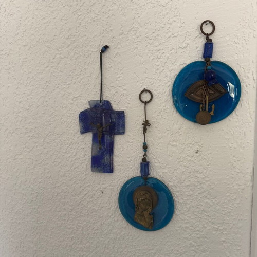Wall crosses and evil eyes in blue background like new, set of 3