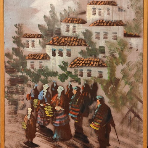 Oil painting on canvas used with traditional Greek scene