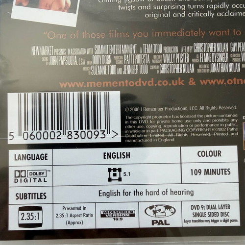 Memento DVD new, English subtitles, adventure