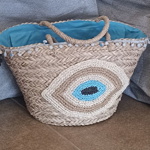 Handmade Straw Beach Bags with Eye Design and Cotton Lining