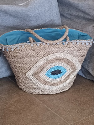 Handmade Straw Beach Bags with Eye Design and Cotton Lining
