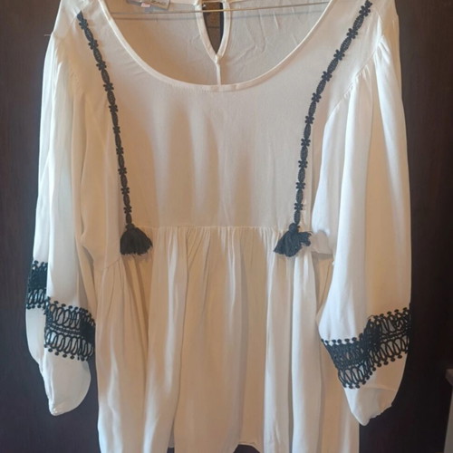 Zic Zac boho blouse M white with black lace details
