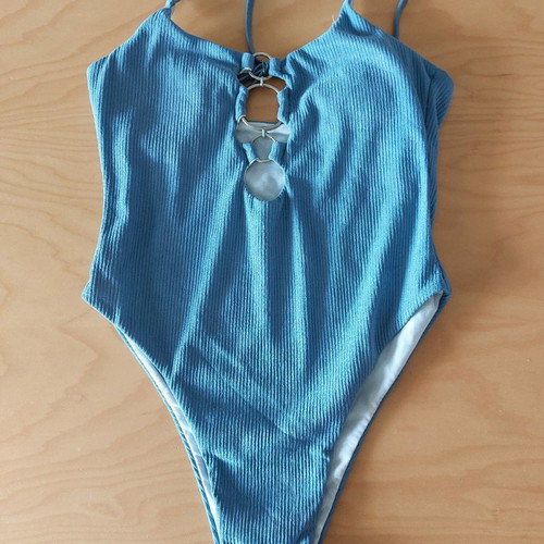 Rib one-piece swimsuit new, size S, blue with rings and shaped slip
