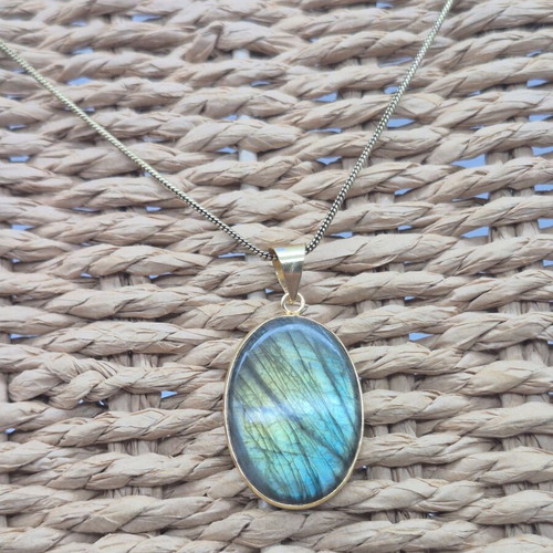 Labradorite Cabochon Brass Necklace new, brass chain
