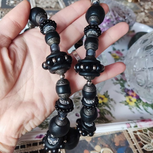 Statement vintage handmade necklace with large black beads, like new
