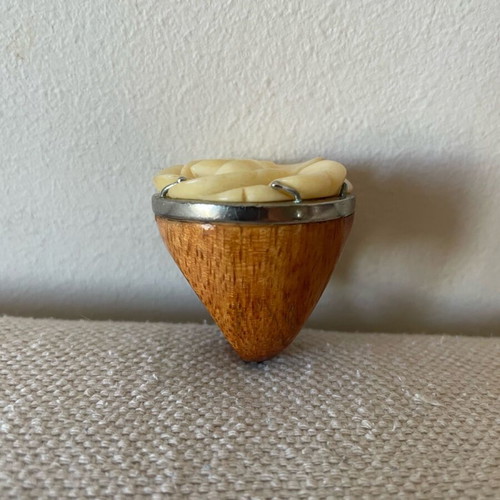 Statement ring handmade from Italy with wood and carved bone flower