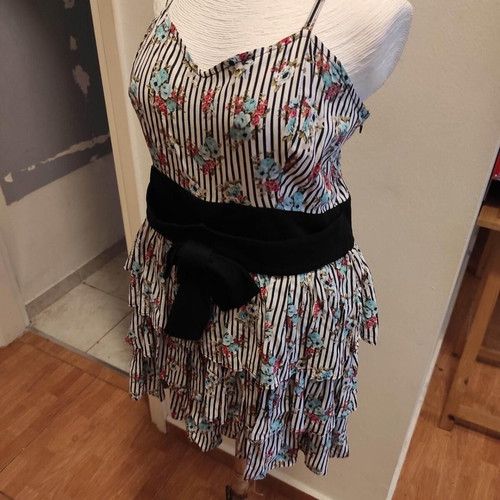 Striped dress with ruffles and straps used, cotton, size M
