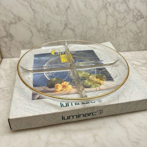 Luminarc Capucine πιατέλα 4 θέσεων καινούργια, floral glass με χρυσό χείλος