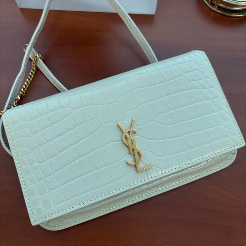 Saint Laurent Cassandre Croc-Embossed Leather Phone Holder Chain Bag, Ivory