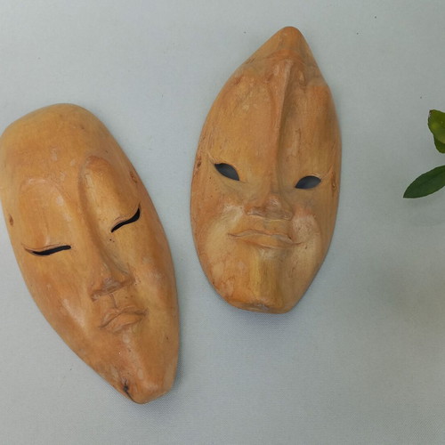 Handmade wooden Happy-Sad theatrical masks set like new