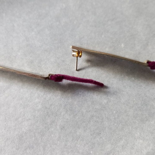 Asymmetric handmade earrings silver 925 with enameled pieces and burgundy cords new