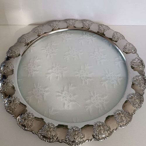 Glass tray with metal rim like new