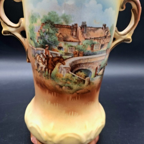 Vintage Porcelain Amphora Vase with Double Handles and Bucolic Scene