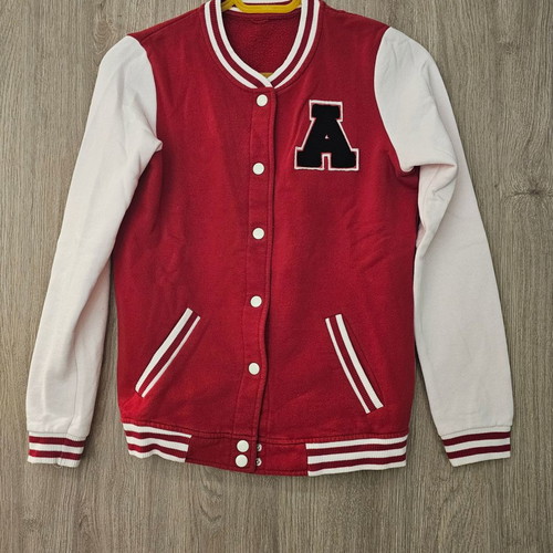 Red cardigan with monogram like new, size M