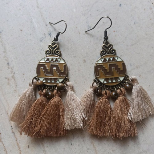 Handmade metal earrings geometric pattern and tassels new, brown