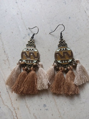 Handmade metal earrings geometric pattern and tassels new, brown