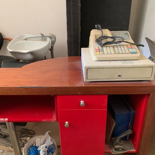 Hair salon furniture used, three chairs, shampoo bowl, desk