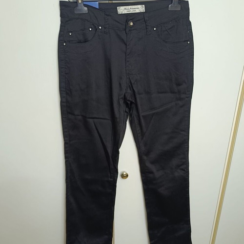 Straight-Cut Black Pants New with Satin Finish and Decorative Studs