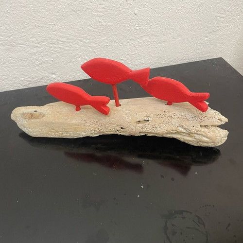 Red fish handmade with driftwood and pine wood base, new