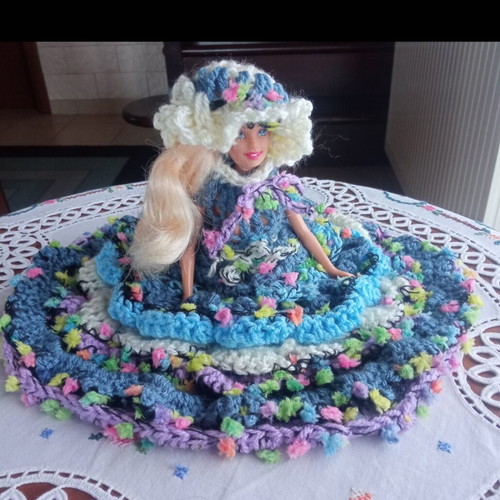 Handmade knitted dress and hat set for doll, bathroom decor