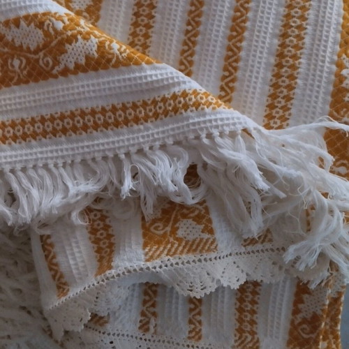 Woven blanket new with handmade knitted lace and fringes