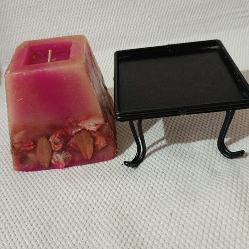 Handmade decorative candle with dried flowers and metal base new
